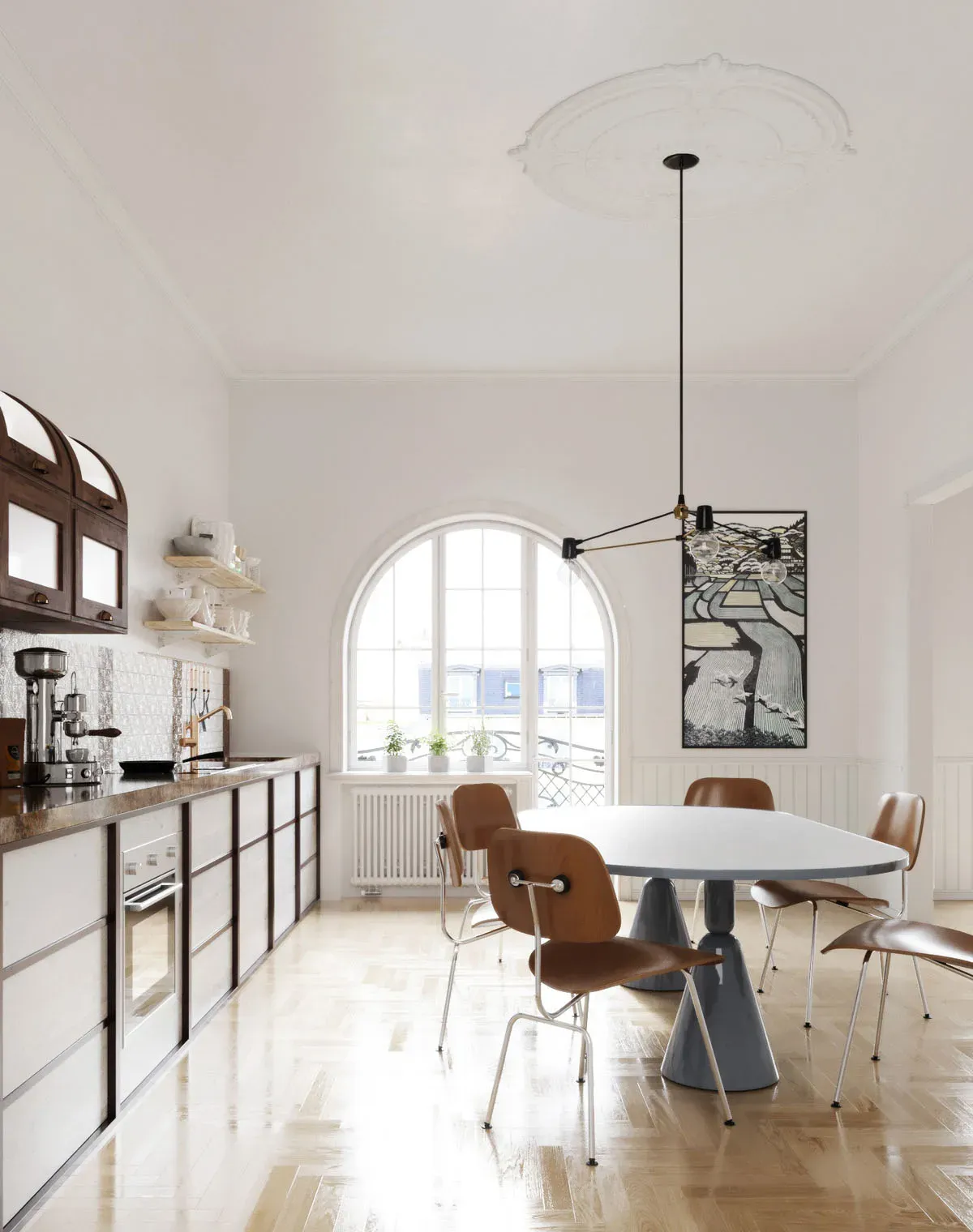 O bucătărie cu o masă și scaune în ea