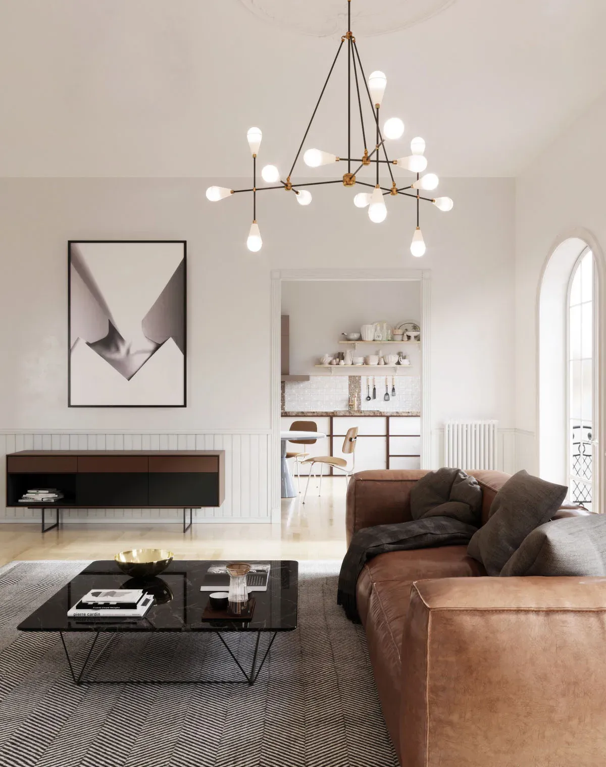 Un living cu o canapea maro și o măsuță de cafea neagră