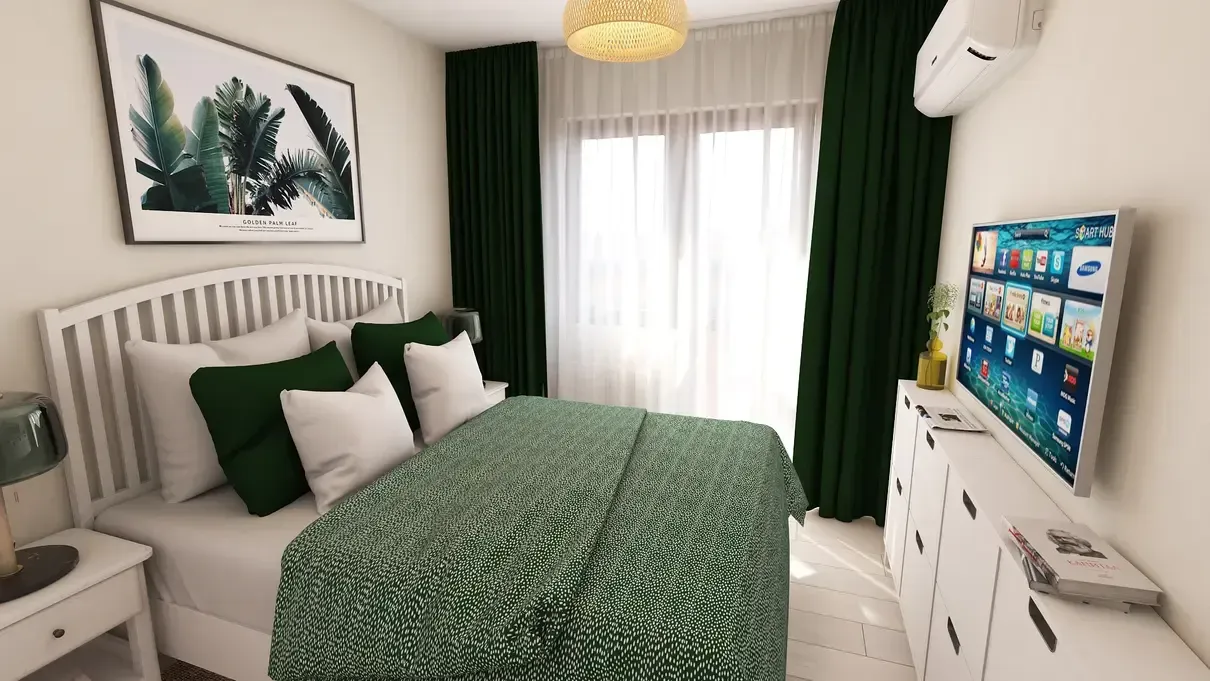 Dormitor matrimonial 11.70mp paleta de culori include alb și verde smarald.