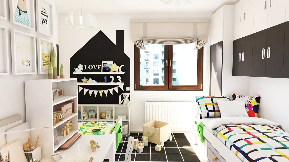 Cameră de copii pentru doi băieți împarțită în două zone, fiecare având patul și biroul lui, amenajare cu mobilier Ikea.