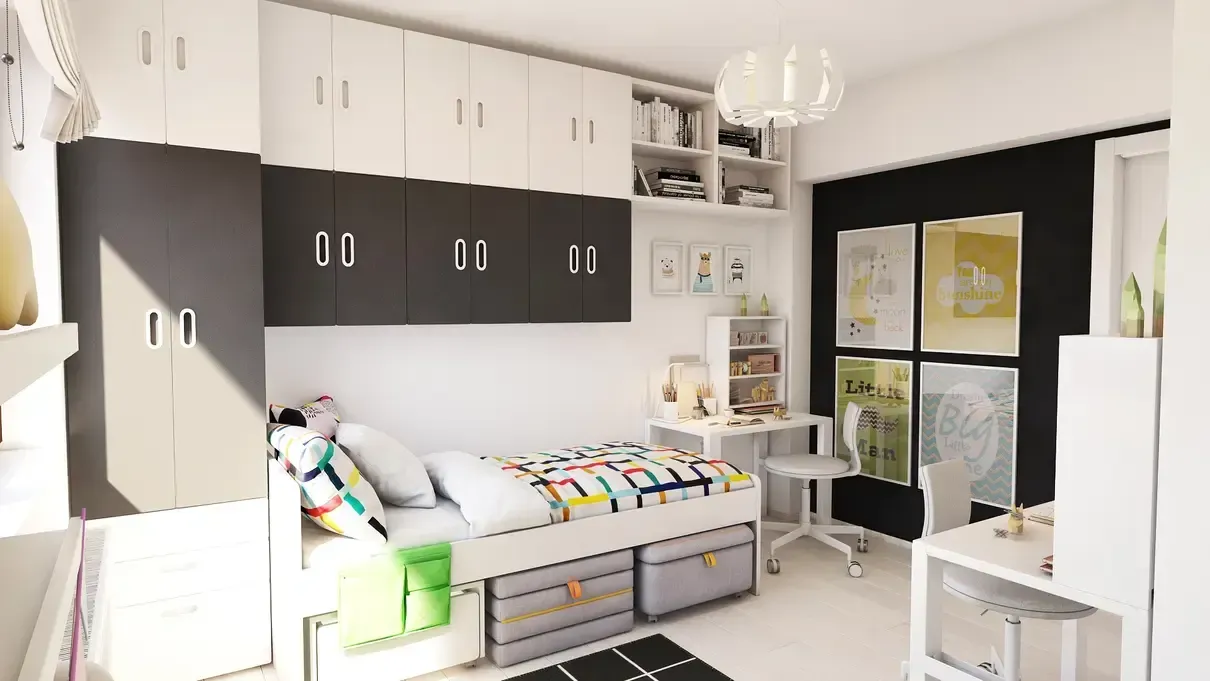 Cameră de copii pentru doi băieți design scandinav cu mobilier Ikea.