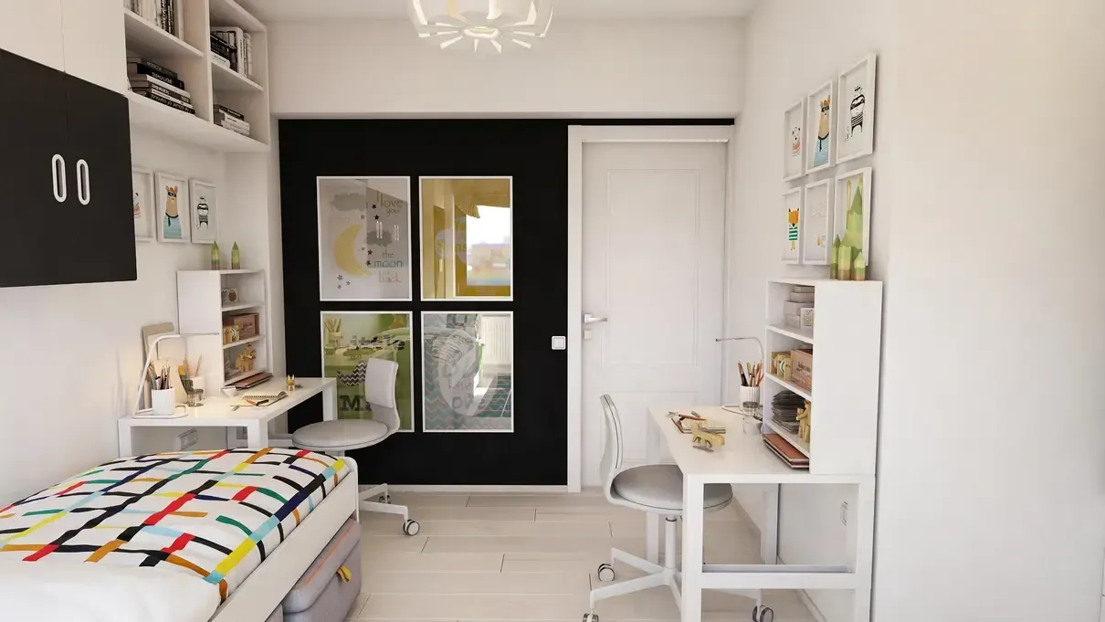 Cameră de copii pentru doi băieți împarțită în două zone, fiecare având patul și biroul lui.