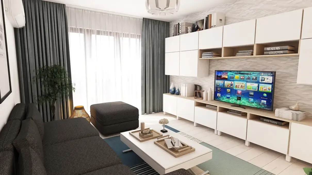 Living de inspirație scandinav cu mobilier Ikea.