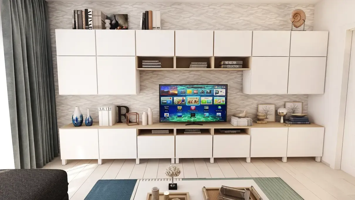 Unitate living Ikea cu spații de depozitare.