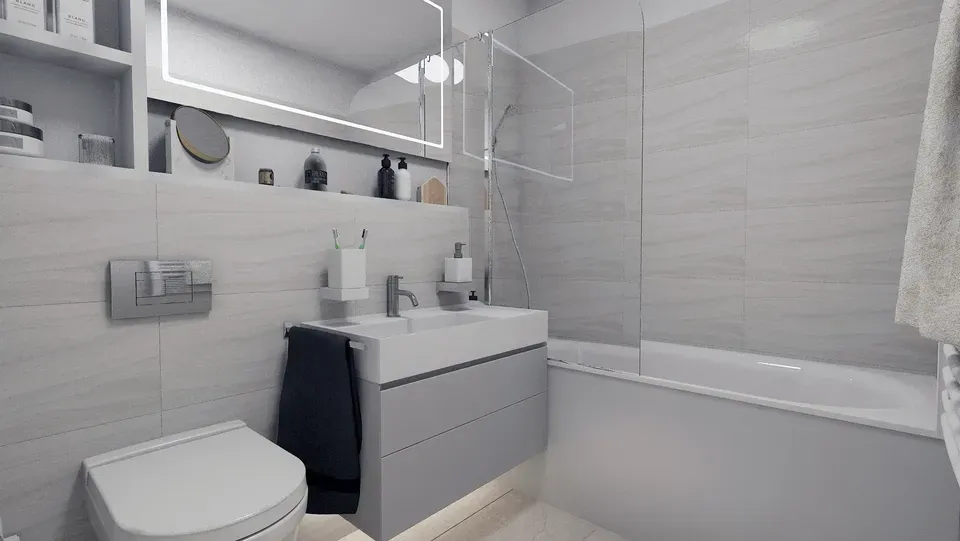 Amenajare interioară apartament baie mare chiuvetă și toaletă suspendate.