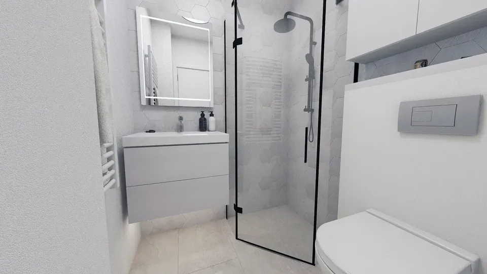 Amenajare interioară apartament baie mică cabină de duș.