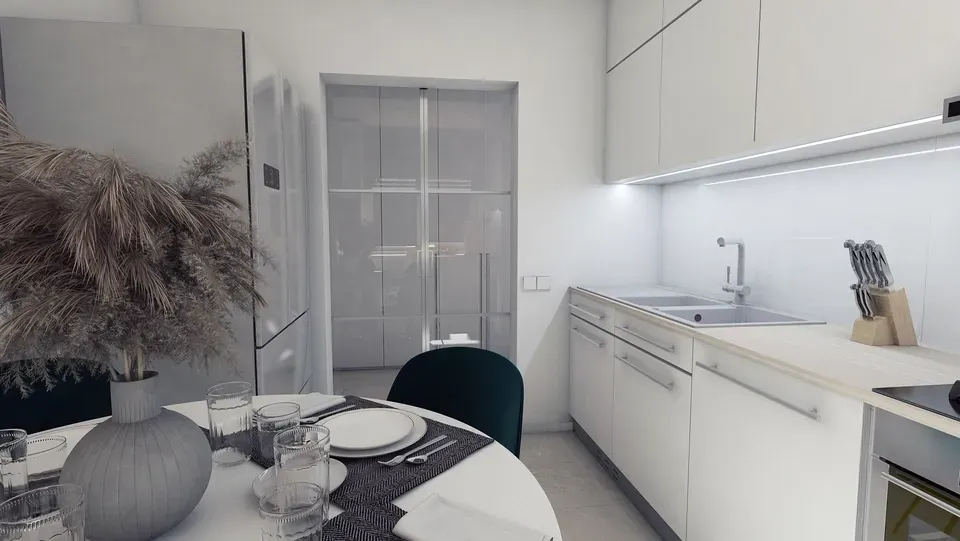 Bucătărie cu masă dining.