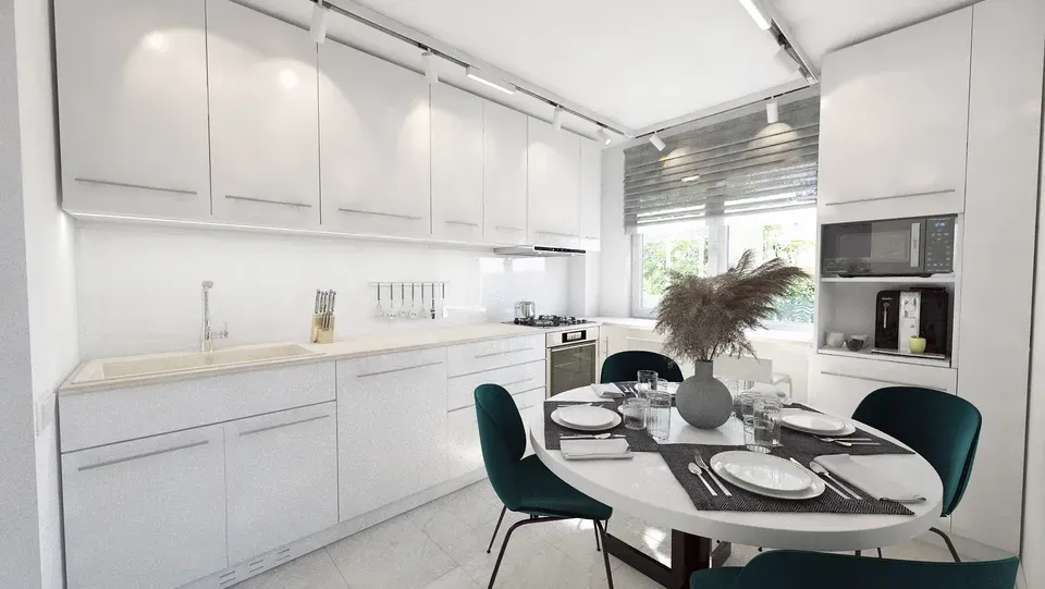 Masă dining rotundă bucătărie modernă.