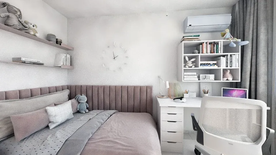 Amenajare interioară apartament dormitor copii pat single tapițerie catifea roz pudrat birou.