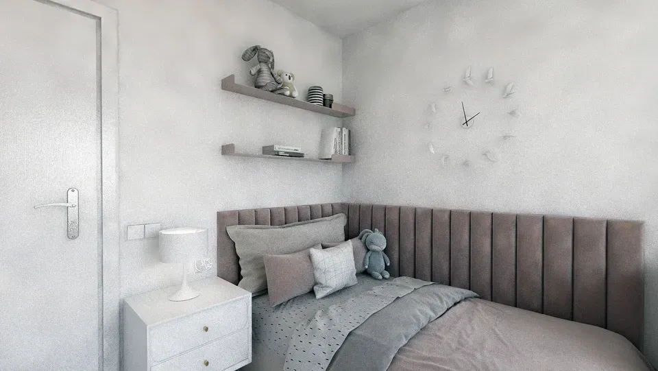 Amenajare interioară apartament dormitor copii pat single tapițerie catifea roz pudrat ceas perete.