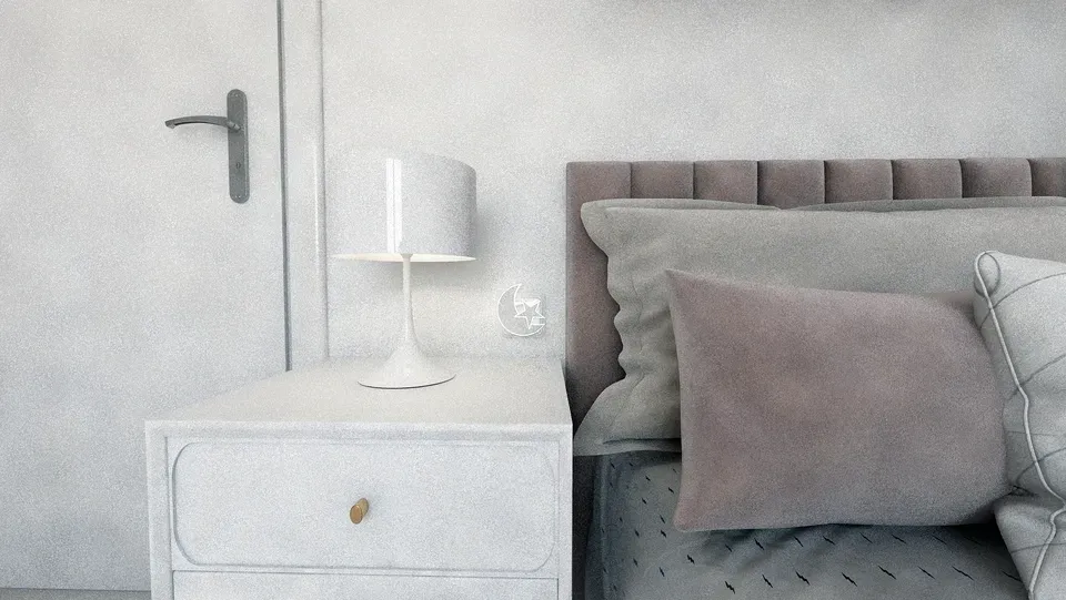 Amenajare interioară apartament dormitor copii pat single tapițerie catifea roz pudrat lumină de veghe.