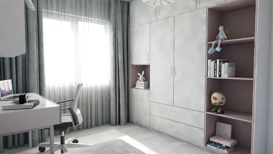 Amenajare interioară apartament dormitor copii dulap pe comandă depozitare.