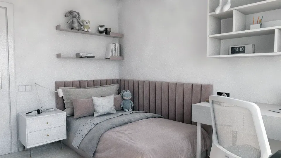 Amenajare interioară apartament dormitor copii pat single tapițerie catifea roz pudrat.