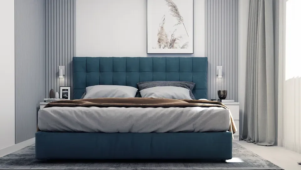 Amenajare interioară apartament dormitor principal pat tapițerie verde cu riflaje.