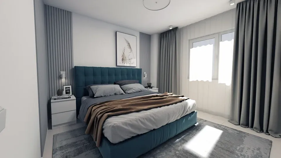 Amenajare interioară apartament dormitor principal pat 180x200cm.