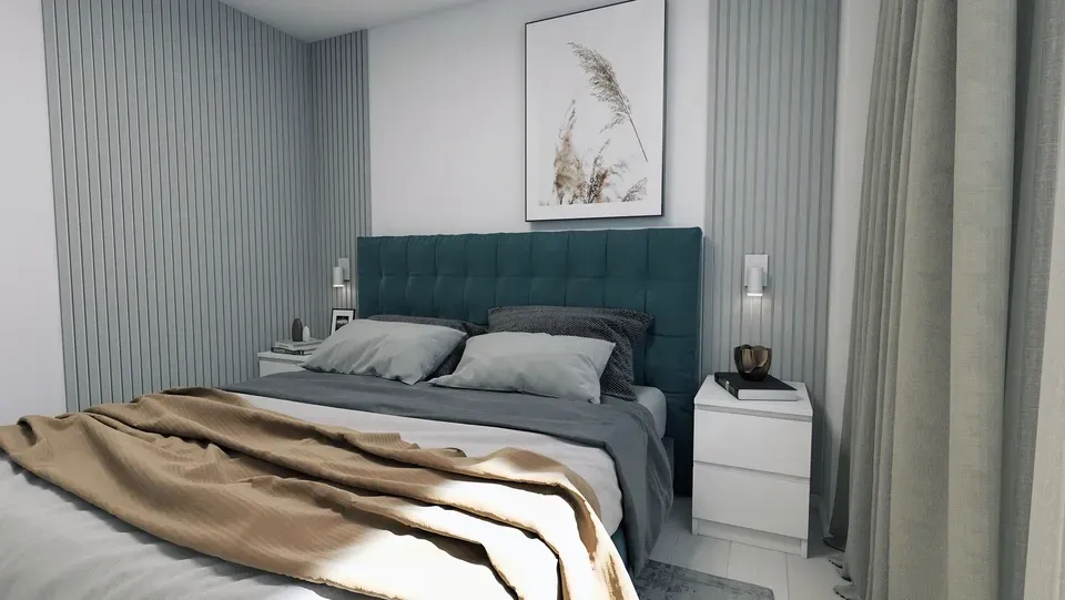 Amenajare interioară apartament dormitor principal pat 180x200cm tapițat verde