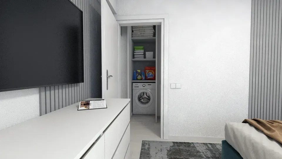 Amenajare interioară apartament dormitor principal mașină de spălat hol.