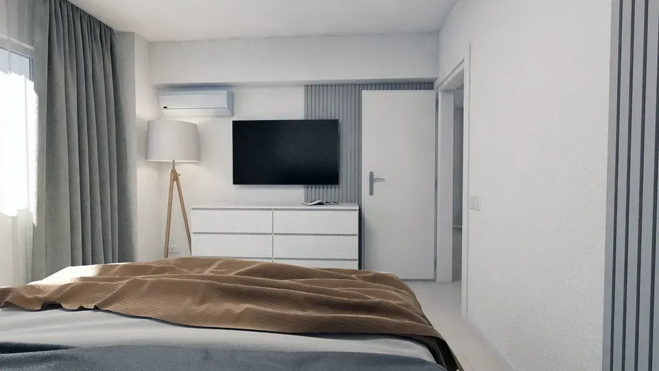Amenajare interioară modernă apartament dormitor principal riflaje.