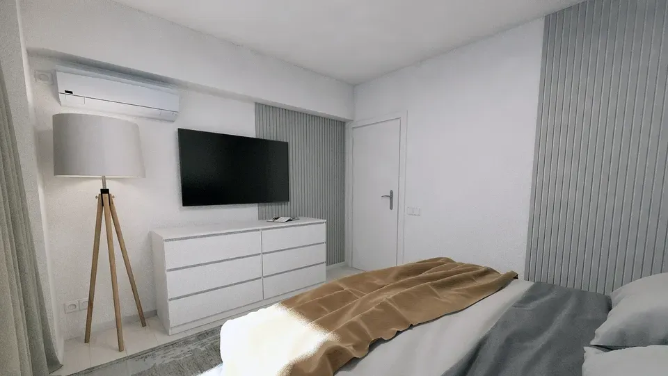 Amenajare interioară apartament dormitor principal riflaje comodă Ikea.