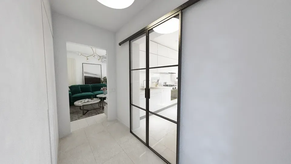 Hol bucătărie ușă din sticlă pe ramă metalică apartament pe comandă.