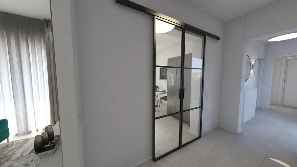 Ușă din sticlă pe ramă metalică apartament pe comandă.