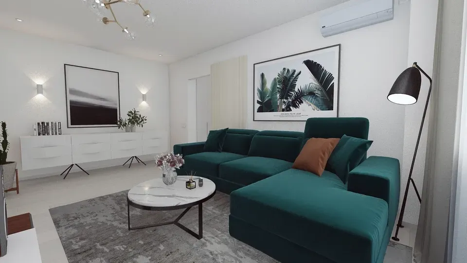 Canapea catifea verde 3 locuri in amenajare living.