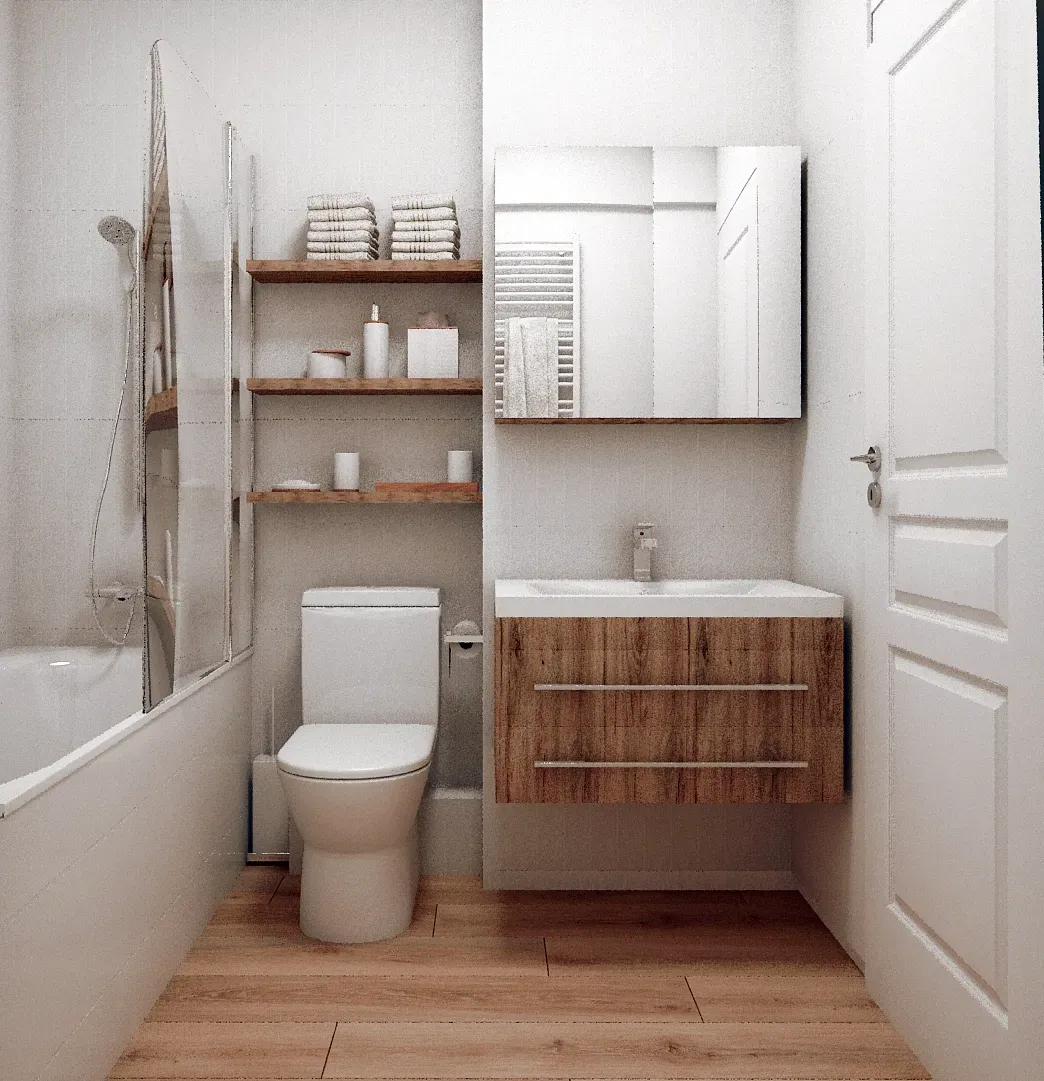 Baie 3.45mp, cadă, vas toaletă, chiuvetă și oglindă cu spațiu de depozitare.