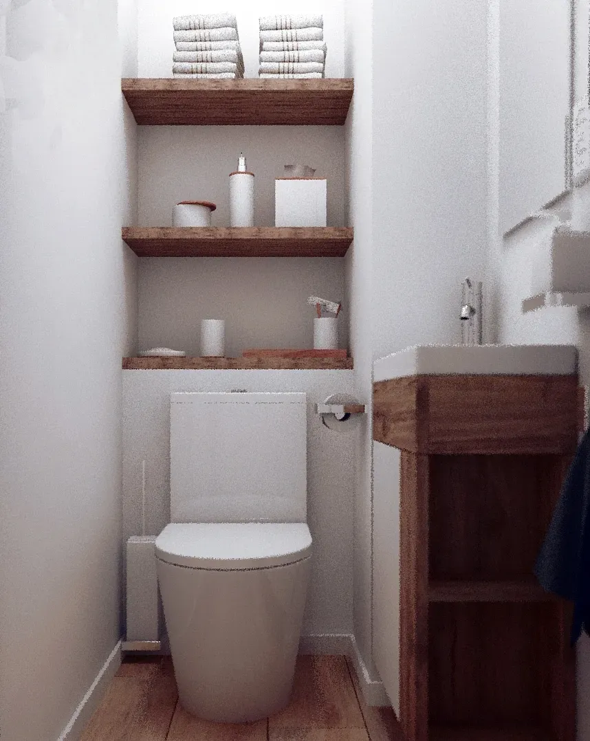 Toaletă de serviciu 1mp, vas de toaletă, chiuvetă îngustă și rafturi suspendate pentru depozitare.