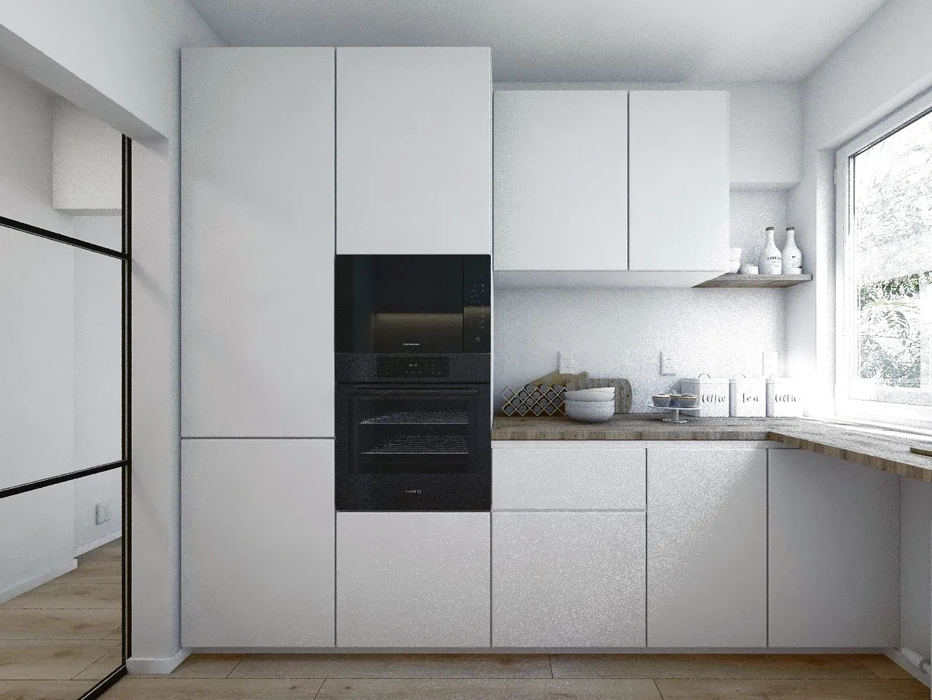 Bucătărie minimalistă scandinavă, cu rafturi și corpuri de depozitare și aparatură electrică încorporată.