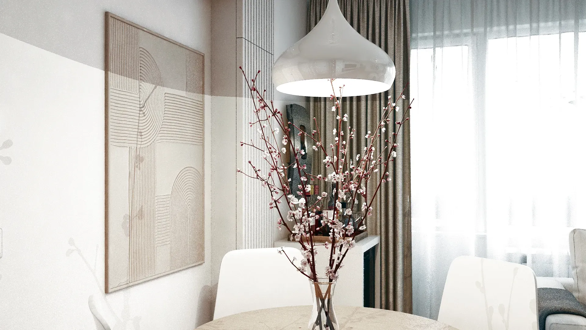 Prim plan dining scandinav in culori neutre, spațiu luminos.