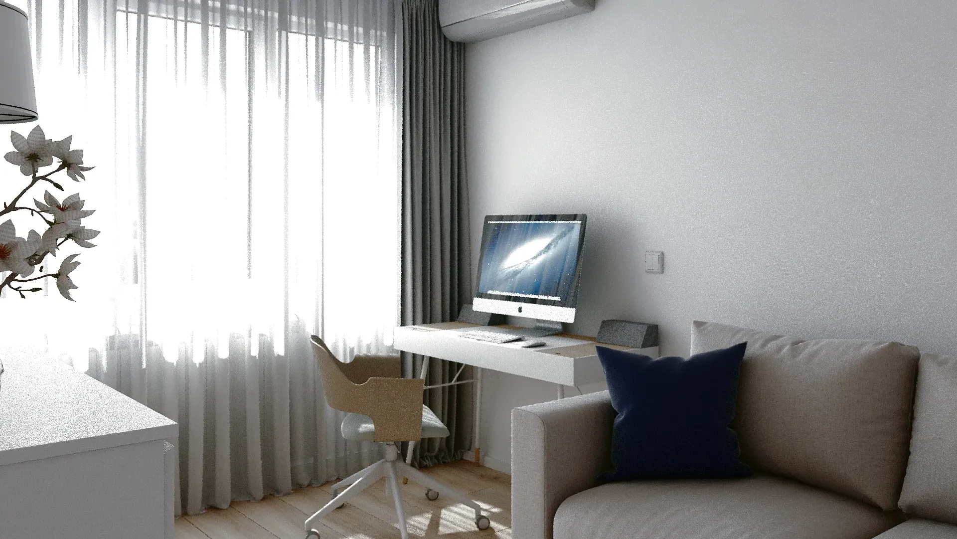 Home-office, birou scandinav și canapea extensibilă.