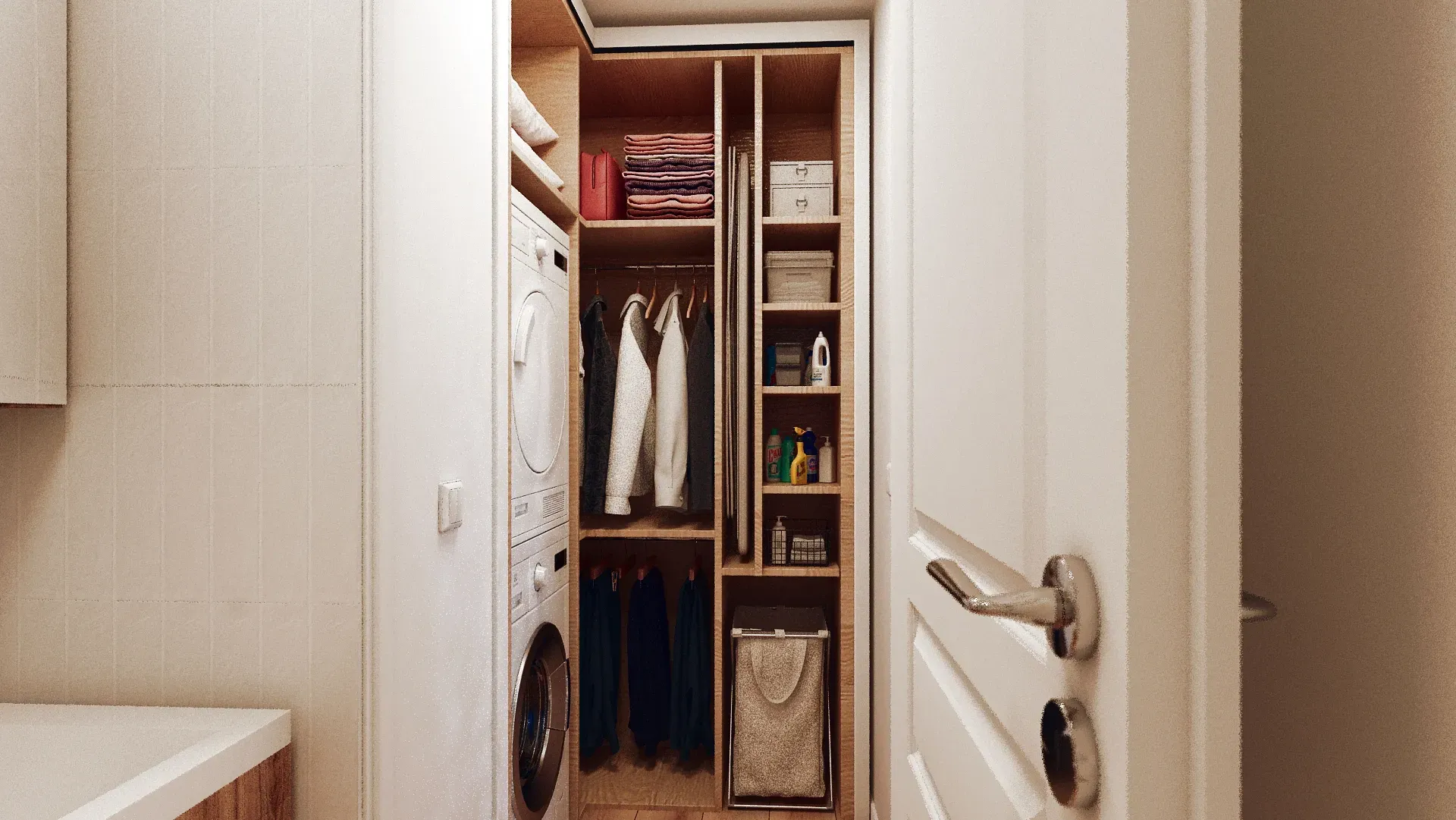 Dulap pe comandă care maschează mașină de spălat rufe și uscător și masă de călcat.