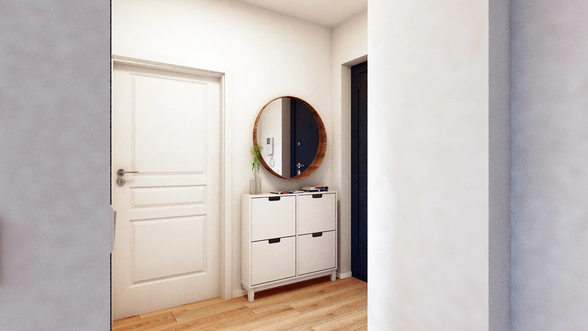 Hol de intrare în apartament minimalist și funcțional, cu dulăpior îngust de încălțăminte Ikea.