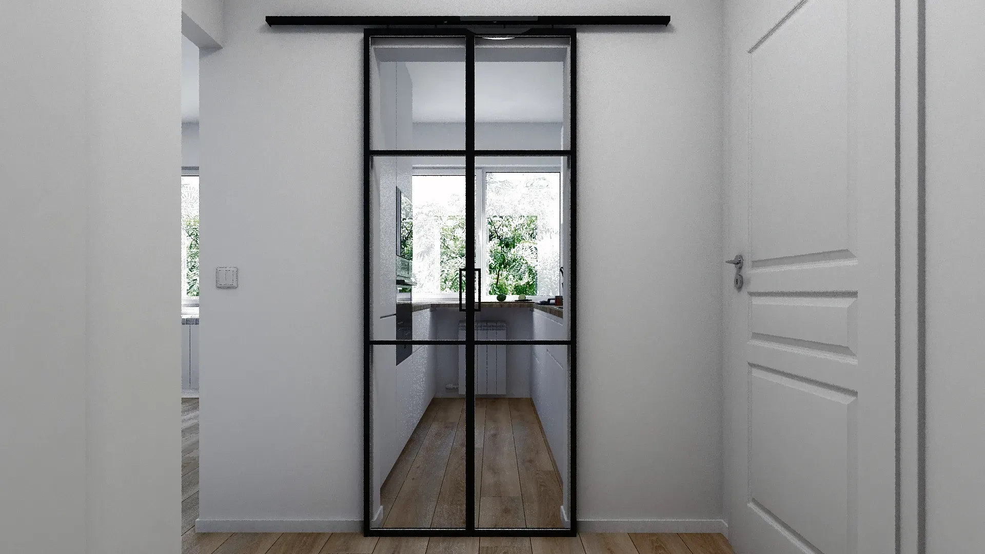 Ușă glisantă din sticlă pe structură metalică, făcută la comandă.