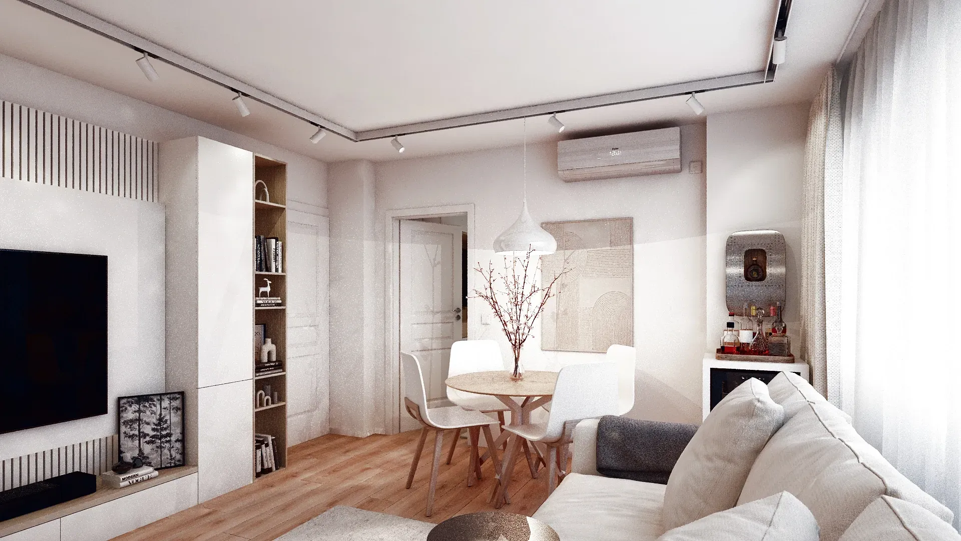 Dining cu influențe scandinave cu masă extensibilă de dining, pendant pentru lumină de accent.