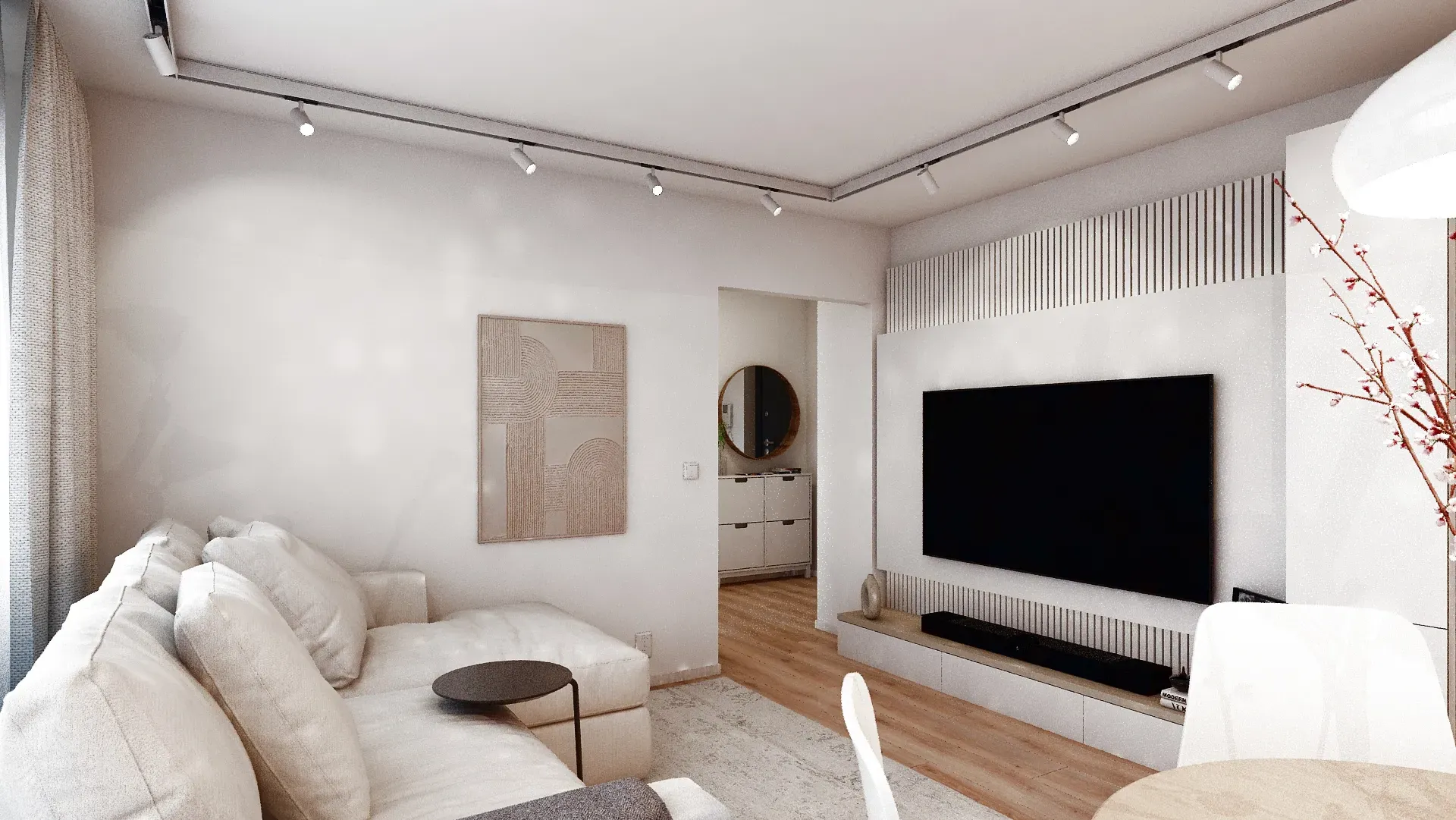 Living scandinav in culori neutre deschise, hol de intrare în apartament cu dulăpior îngust de încălțăminte Ikea.