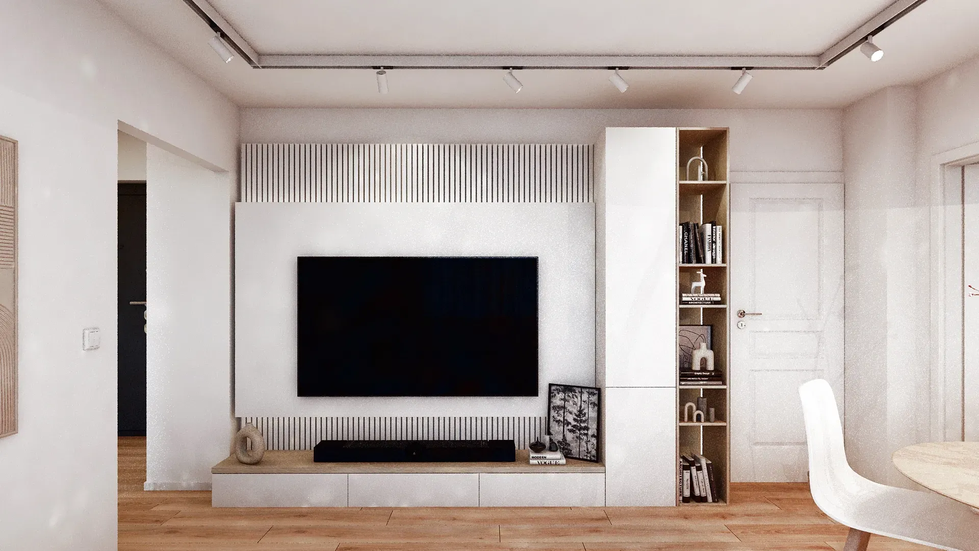 Unitate living pentru zona TV la comandă, proiect realizat de Minimalist Interior Design Studio, pentru un living modern.