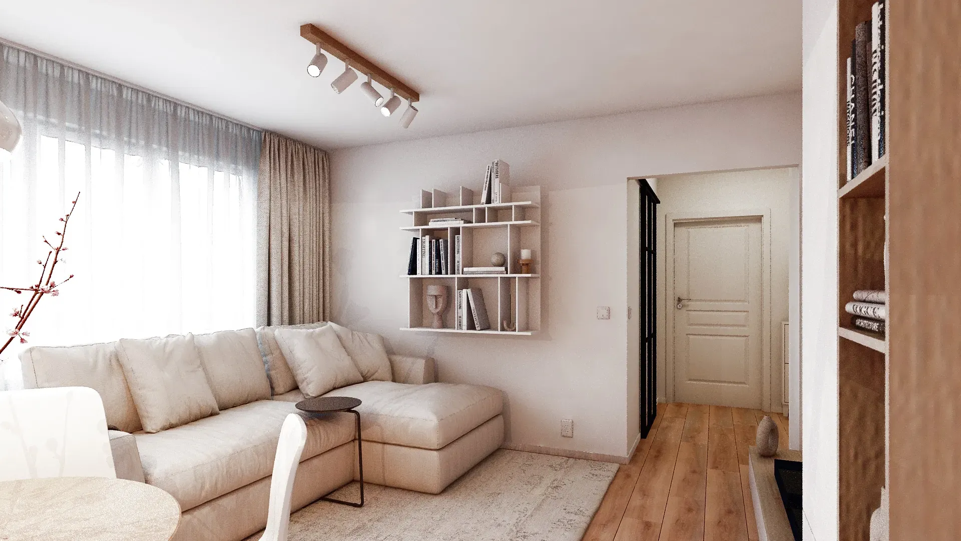 Design interior living scandinav Nordic Nest, canapea de 3 locuri cu sezlong, raft suspendat BoConcept.