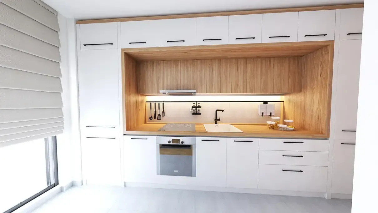 Bucătărie design scandinav din lemn natur si PAL alb.