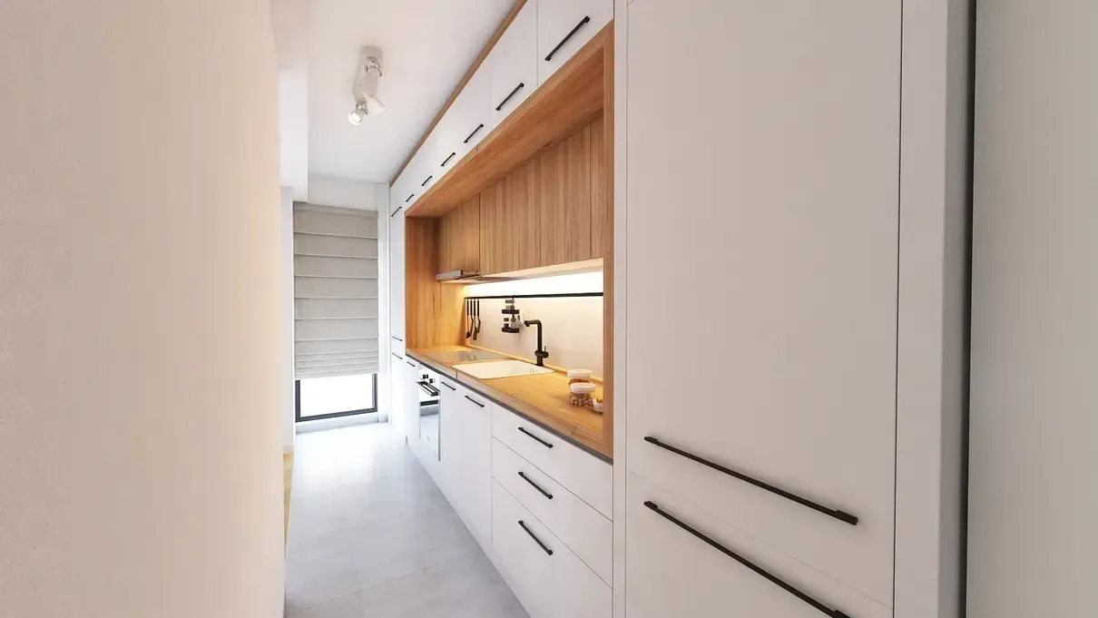 Bucătărie îngustă pe un singur perete, design modern scandinav.