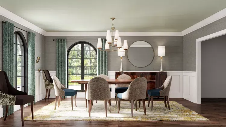 O sufragerie cu o masa si scaune si un candelabru.