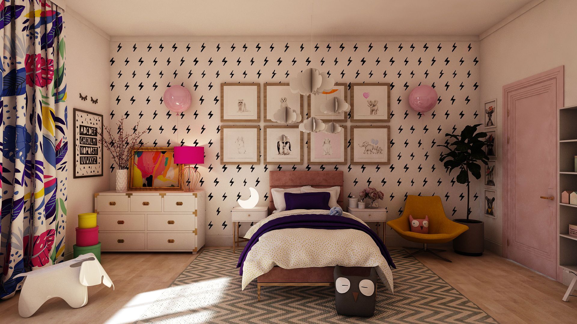 Un dormitor de fete cu un pat, dulap, scaun și perdele colorate.