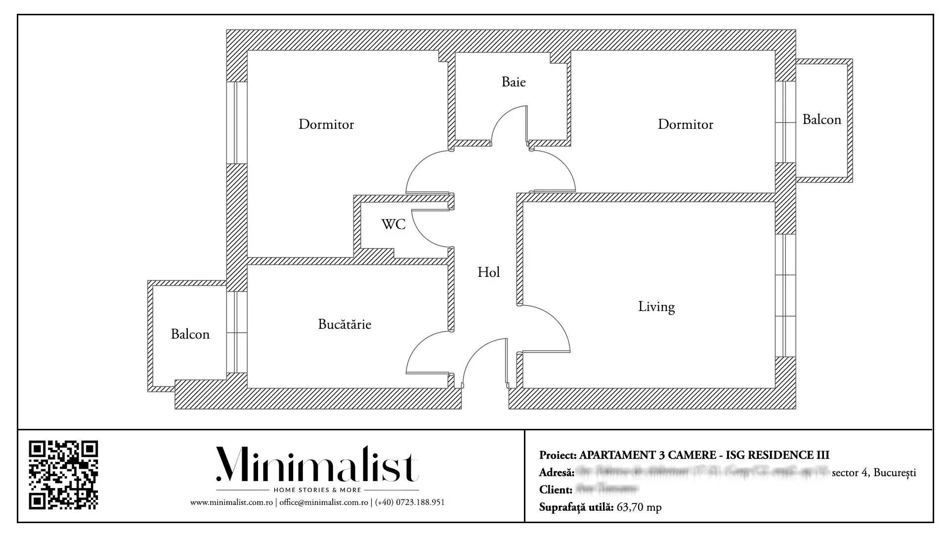 Plan de amenajare pentru apartament 3 camere 63 mp ISG III - schiță arhitecturală.