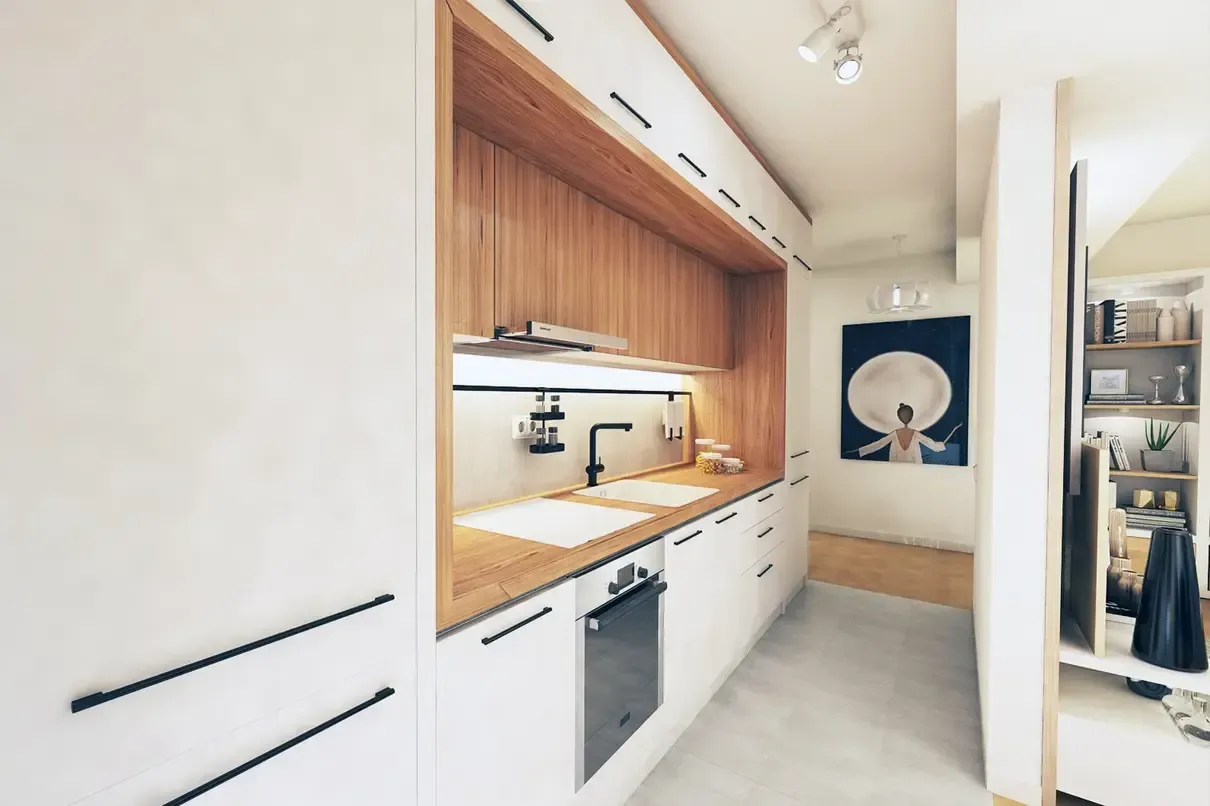 Perspectivă bucătărie de design modern.