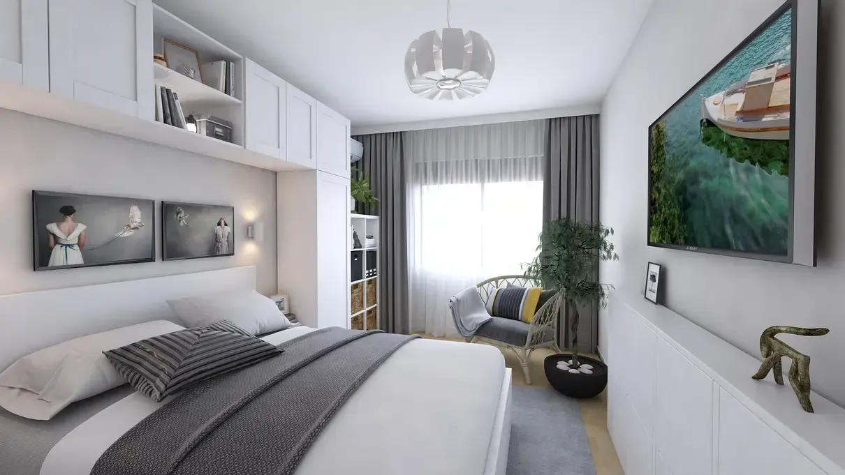 Design interior dormitor oaspeți cu pat dublu Ikea.