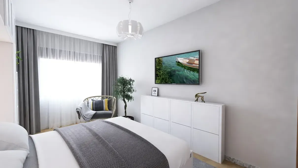 Comodă de încălțăminte Ikea ca comodă de dormitor sub televizor suspendat.