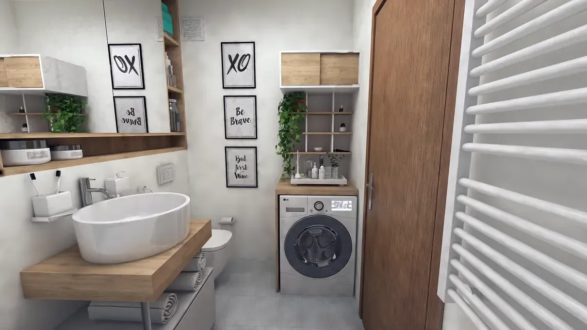 Mască mobilier pentru mașina de sălat rufe pentru baie modernă.