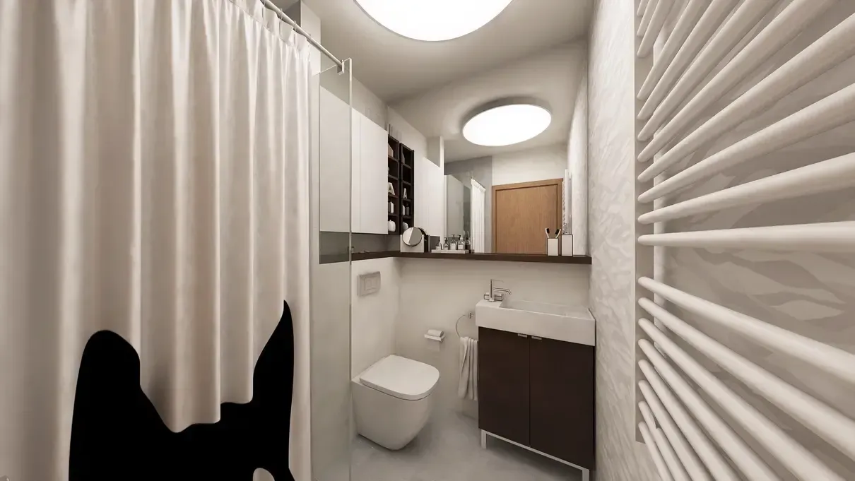 Mobilier pe comandă pentru baie cu sertare încorporate.