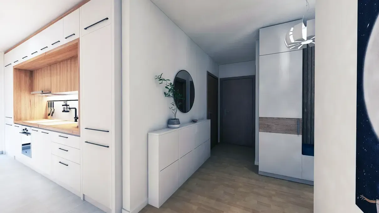 Hol intrare apartament cu comodă de încălțăminte Ikea.