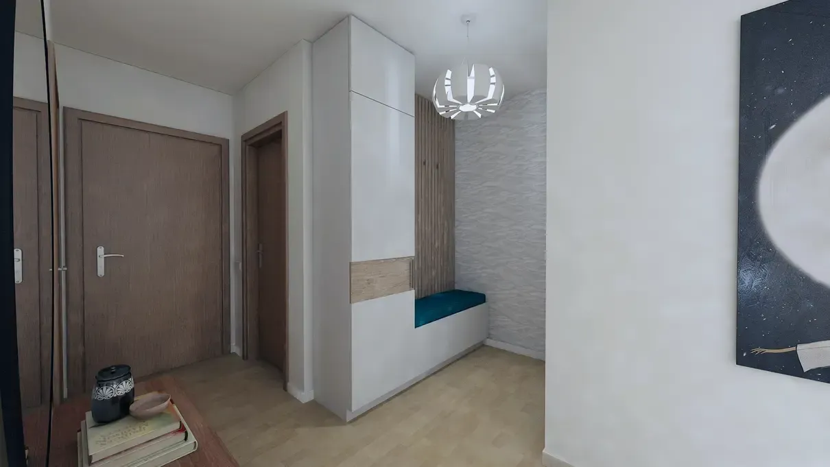 Hol intrare apartament cu mobilier pe comandă cu riflaje și PAL alb.